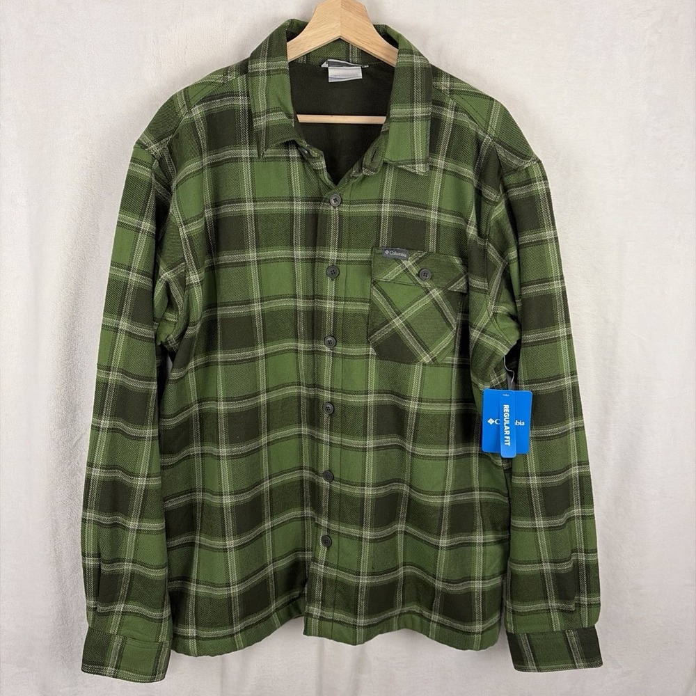 Columbia Hill View Button Down Shirt Jacket Green Flannel Fleece Lined Small NWT